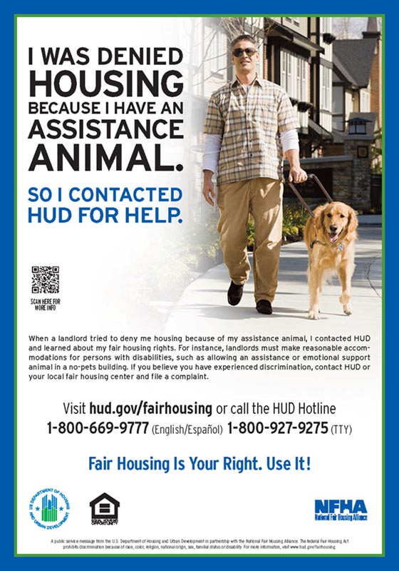 assistance animal poster nfha equal housing opporunity discrimination